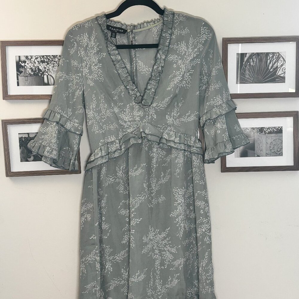 Parisian Sage Green Floral Ruffle Wrap Dress (New with Tags)